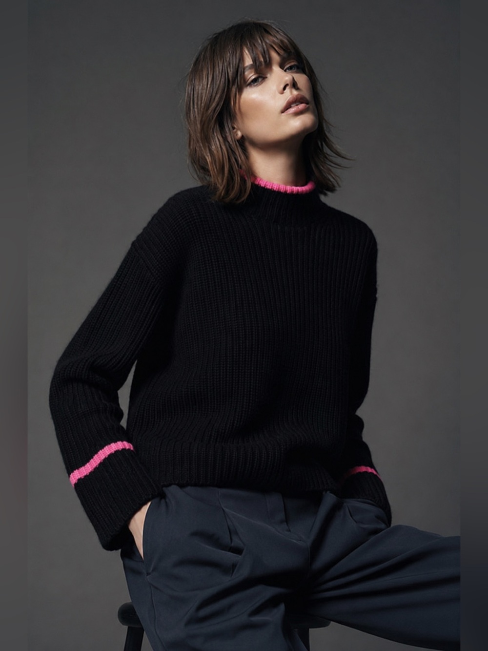 Anthropologie Maeve Mock Neck Color-Tipped Sweater Black Pink NWT M